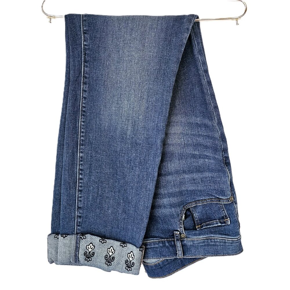 LOFT Modern Skinny Jeans – Medium Wash Distressed Embroidered Cuffs Size 16